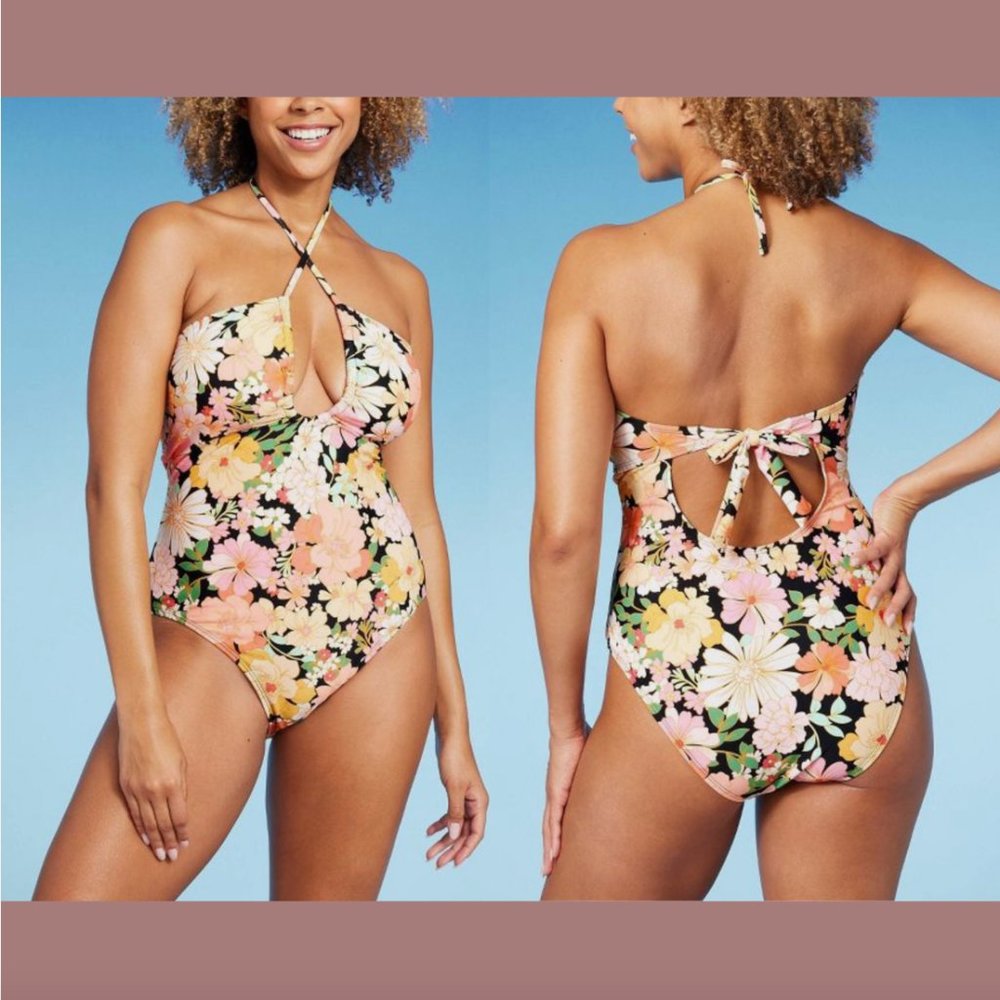 NWT Shade & Shore [‎ Small 4-6 ] Halter Keyhole Bandeau One Piece Swimsuit 5940
